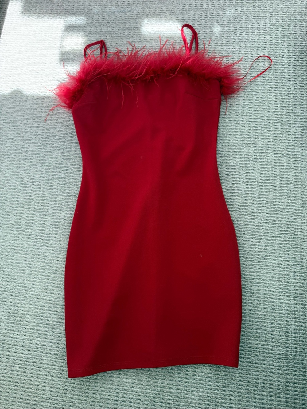 Red Feather-Trim Spaghetti Strap Mini Dress
